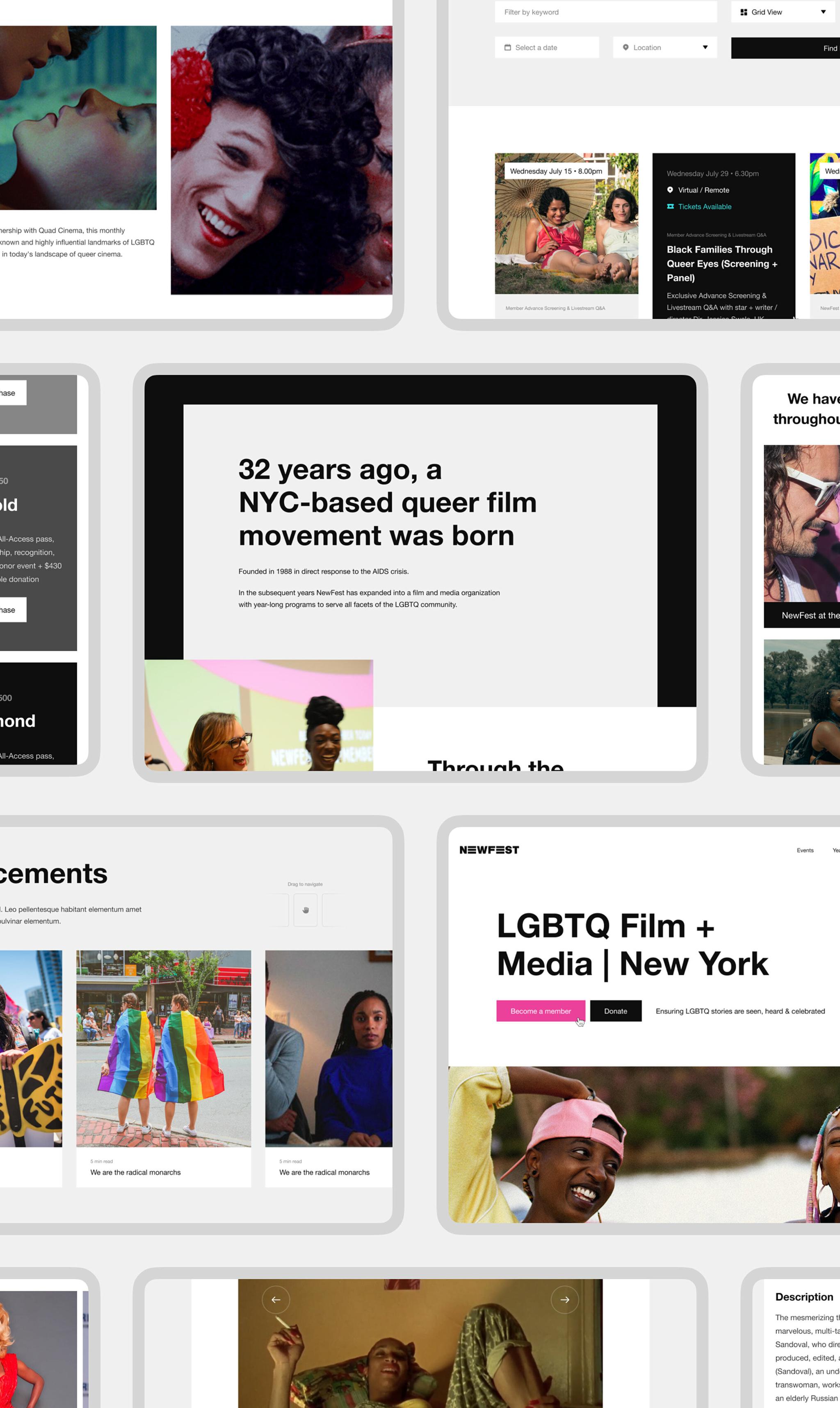Collage of NewFest website mockups showing events, history, and donation pages