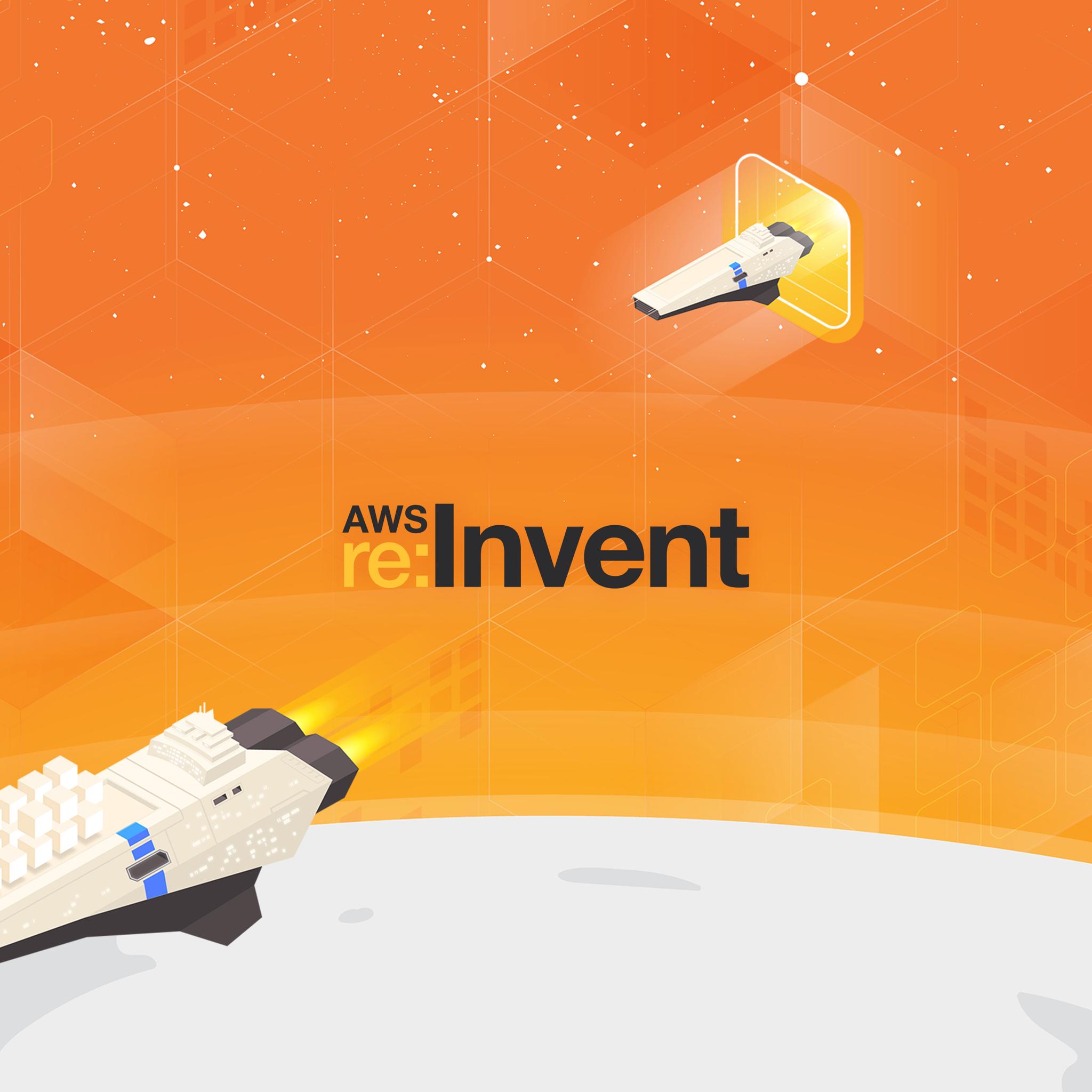 AWS re:Invent logo with illustrated spacecraft over an orange space scene