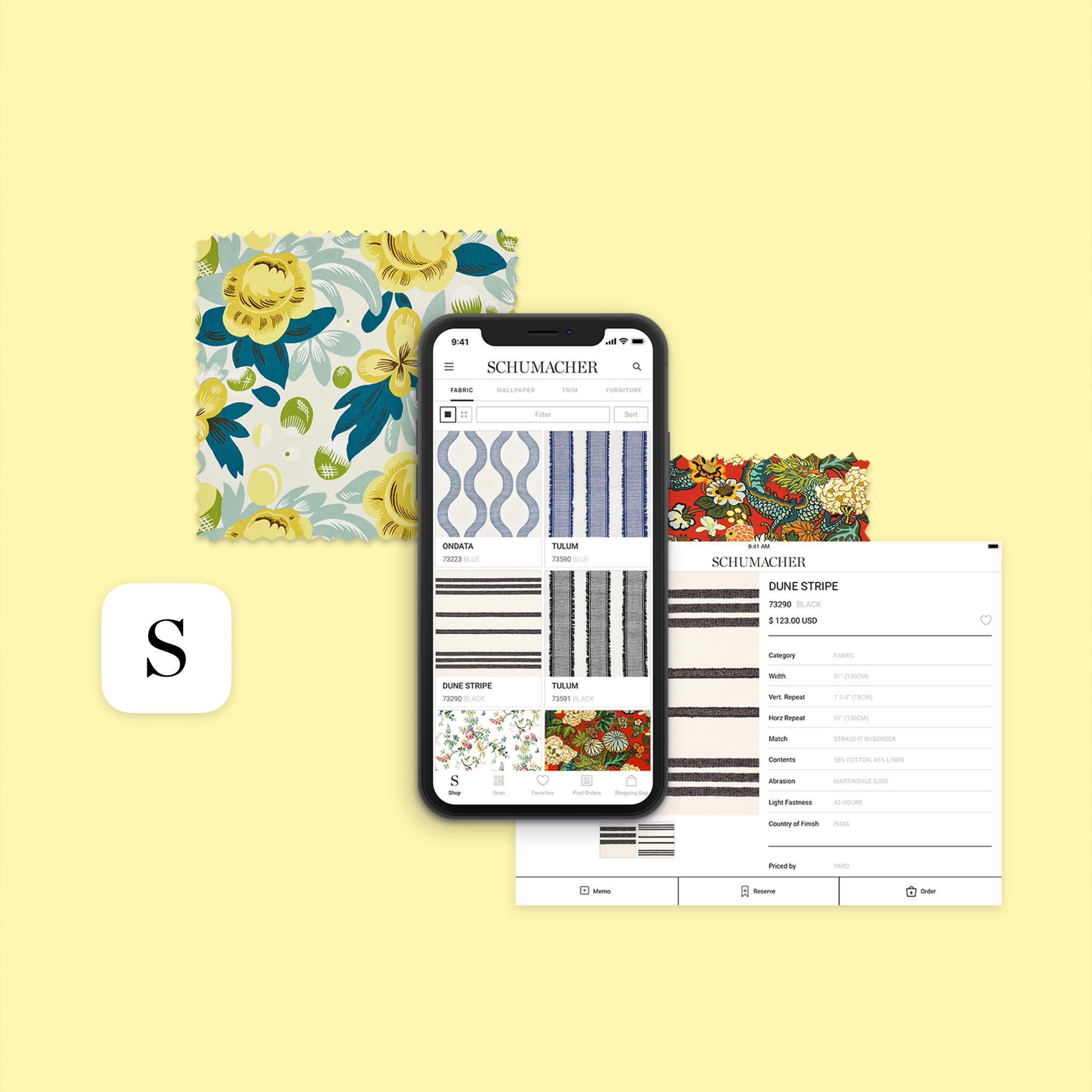 Schumacher fabric shopping app mockup with fabric swatches