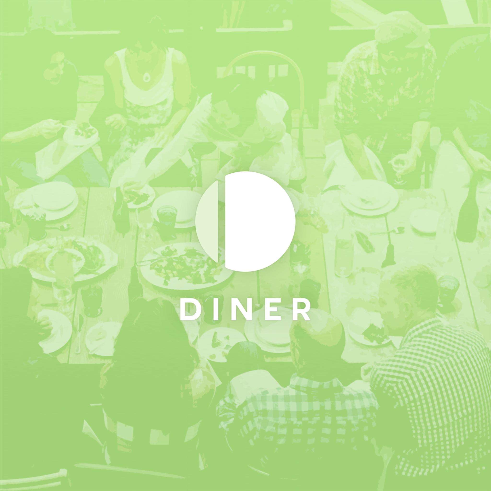 Diner logo over a green-tinted overhead view of people eating at a table