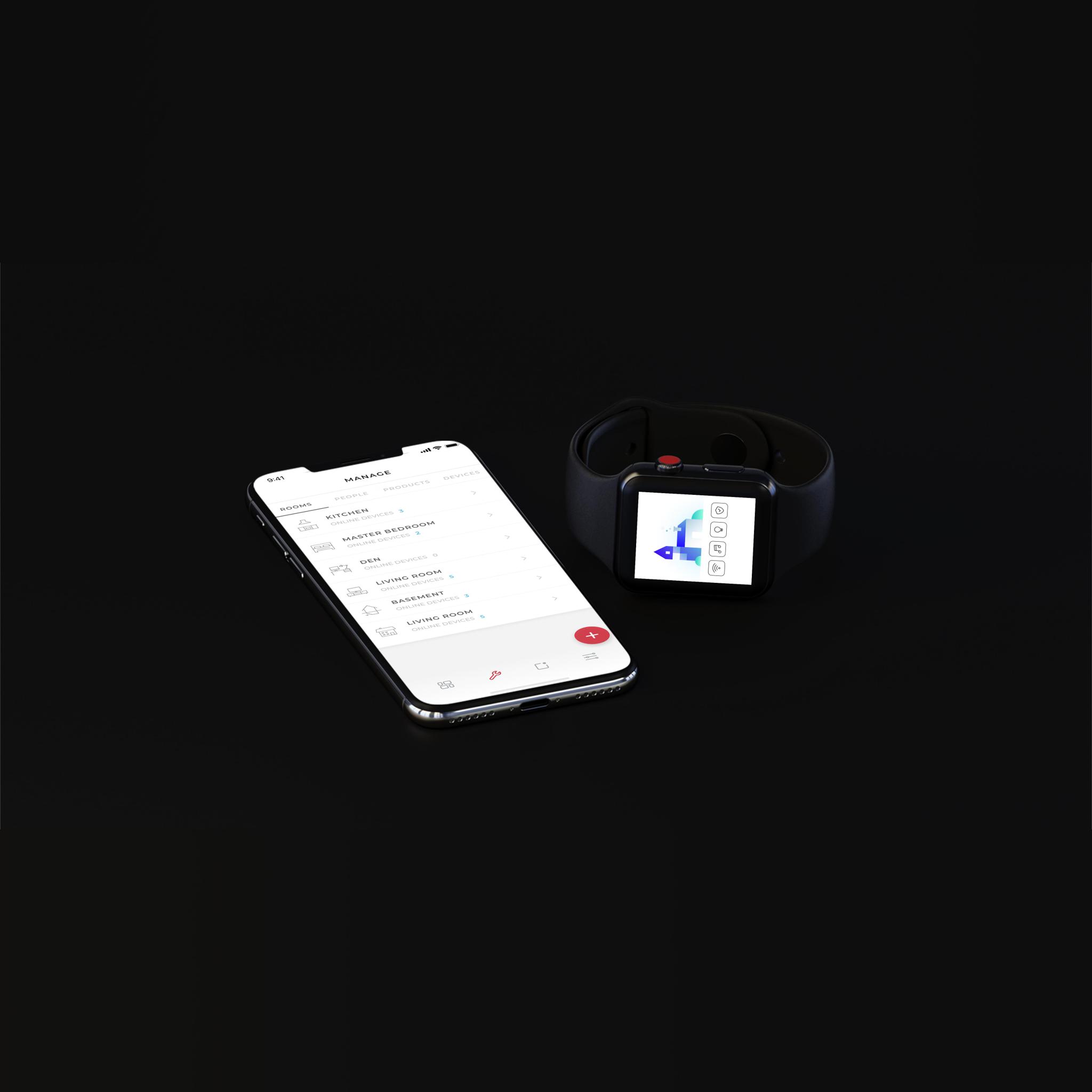 Smartphone and smartwatch app screens on a black background