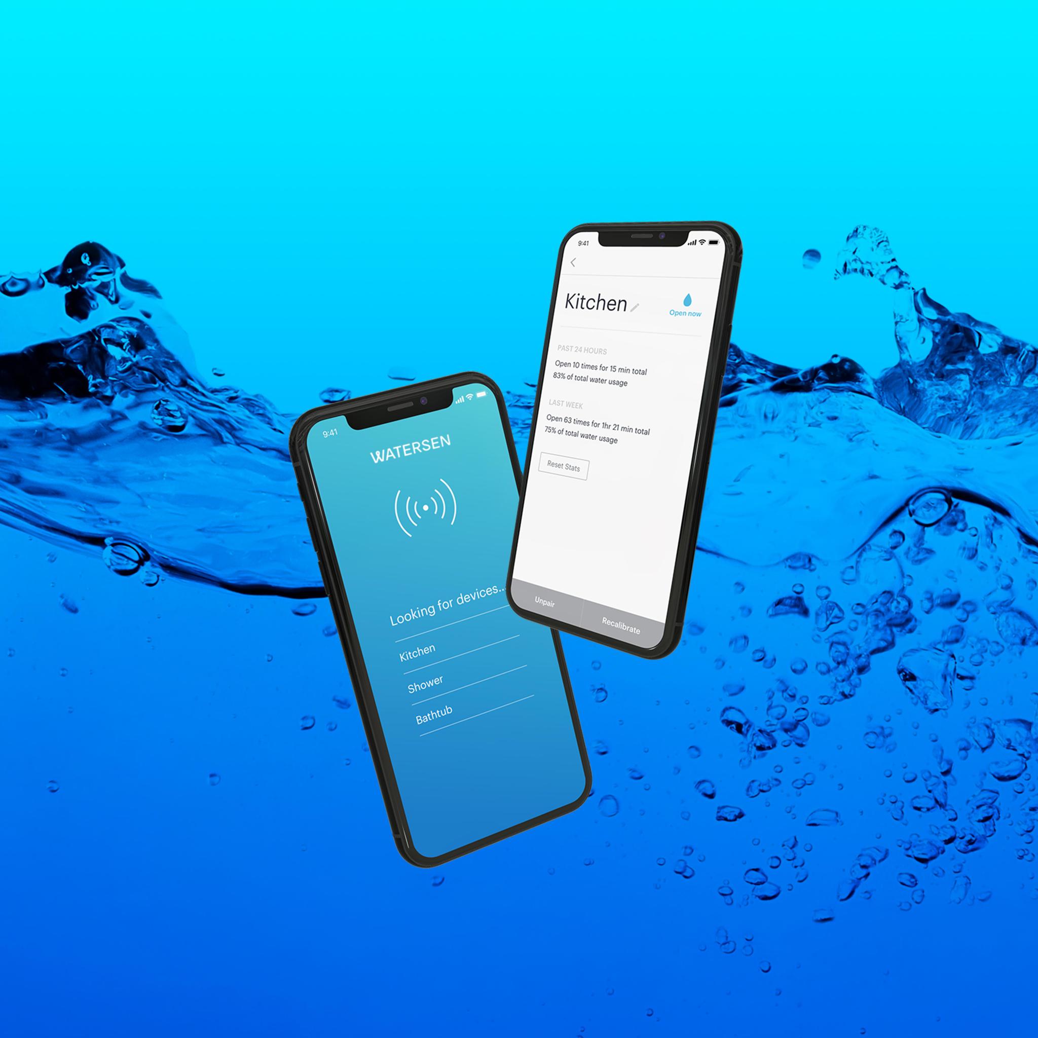 Two smartphones showing the Watersen app over a blue water splash background