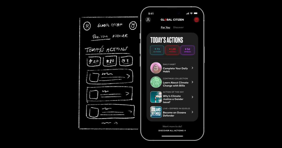 App wireframe sketch beside a Global Citizen mobile interface