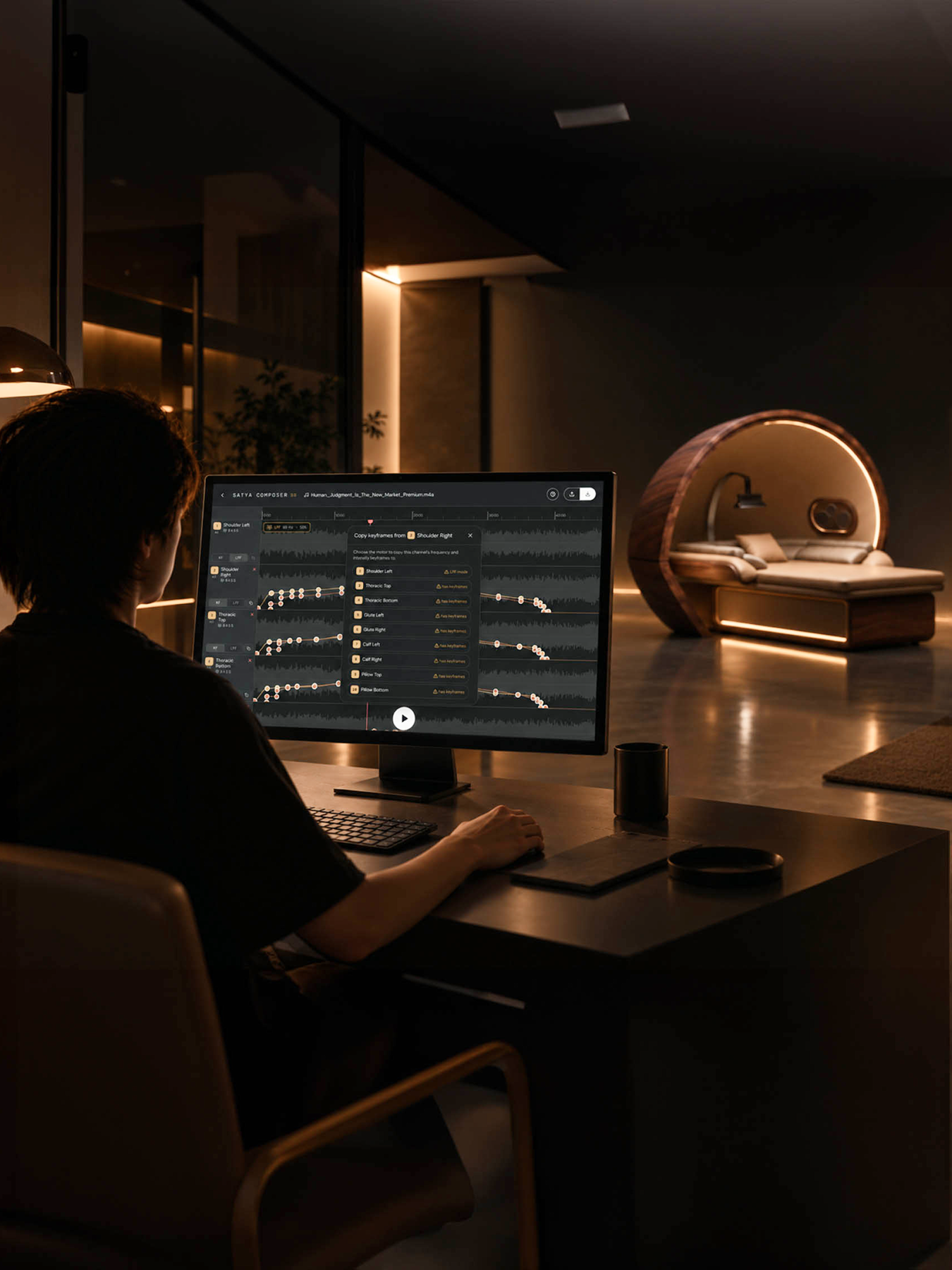 Person works at a desktop showing Composer controls in a dim room with an illuminated bed pod.