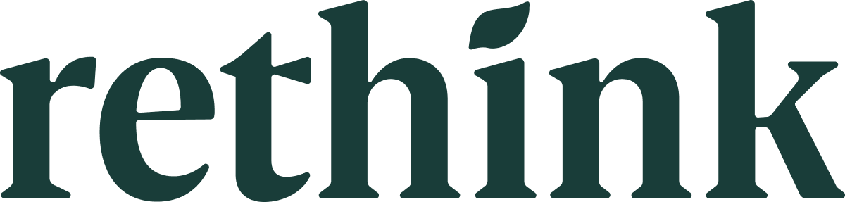 Dark teal "rethink" wordmark on a transparent background