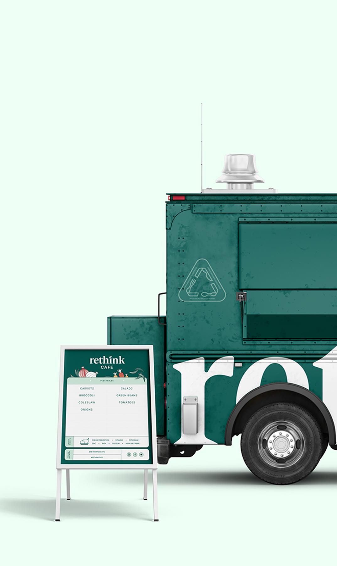 Green rethink food truck with a menu board on a pale green background