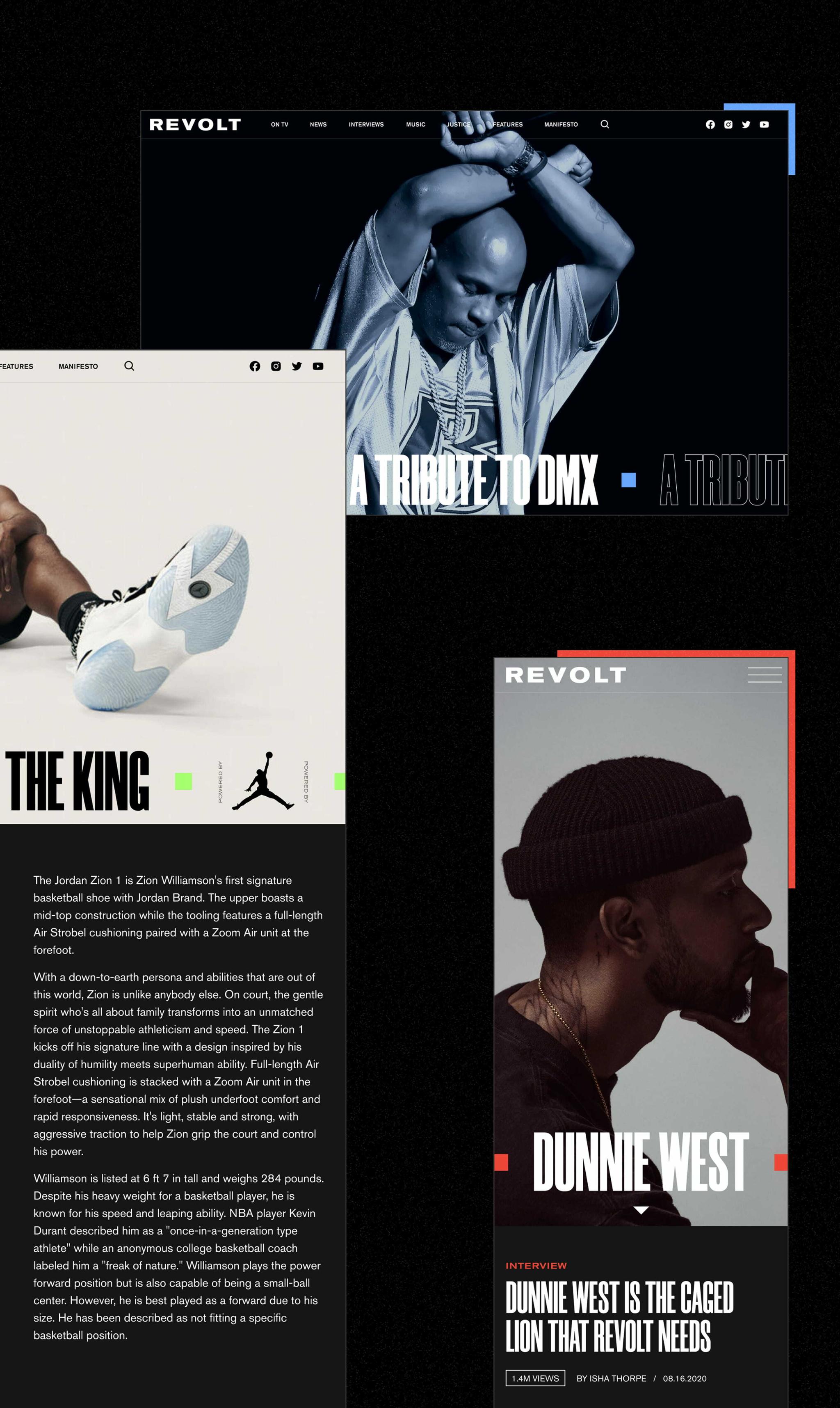 REVOLT website mockups featuring DMX, sneakers, and a musician profile on dark background