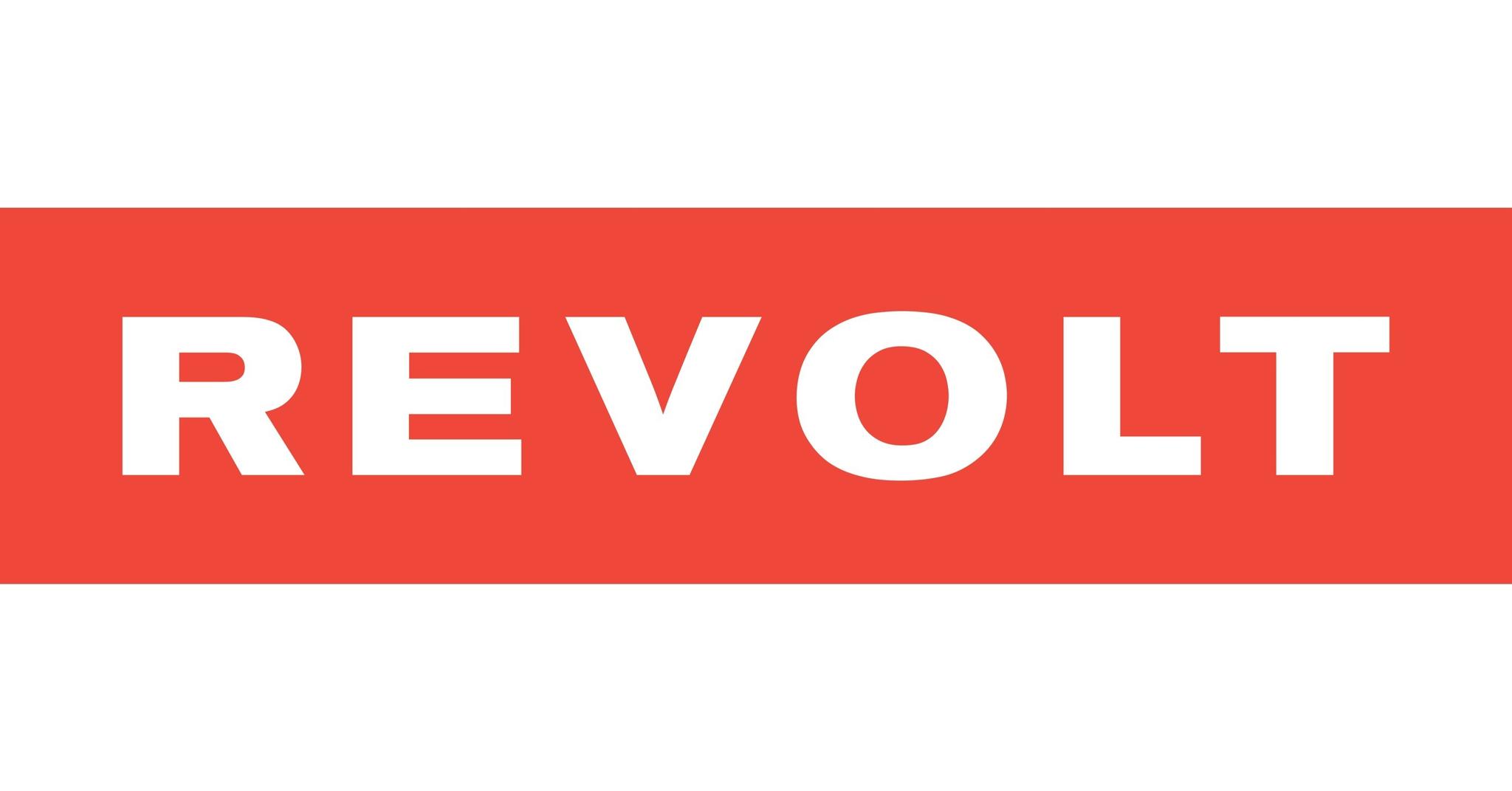 REVOLT wordmark in white on a red rectangle