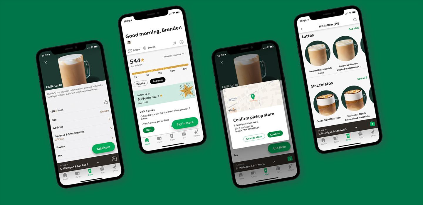 Four mobile screens showing a coffee ordering app interface