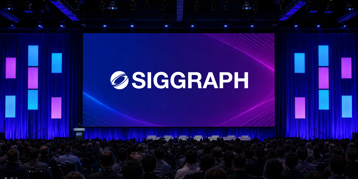 SIGGRAPH logo on a purple stage screen before an audience.