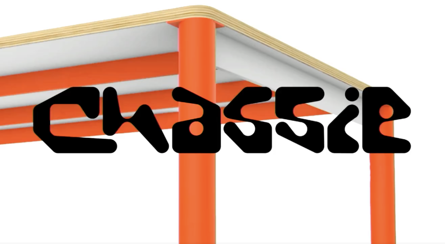 Chassie wordmark over an orange and white table illustration