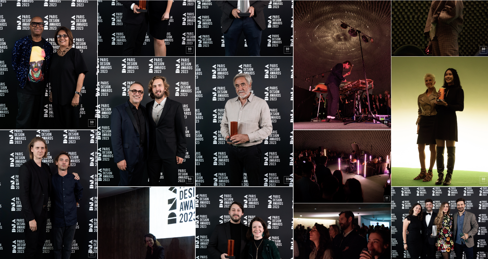 Collage of design awards event portraits, stage performances, and audience scenes