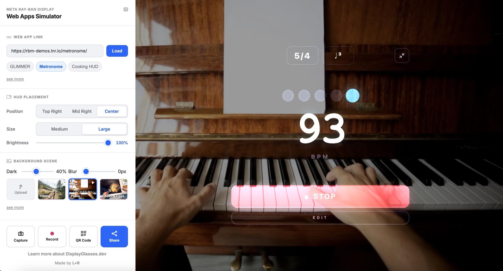 A piano practice simulator overlays tempo controls and a stop button on hands playing keys.