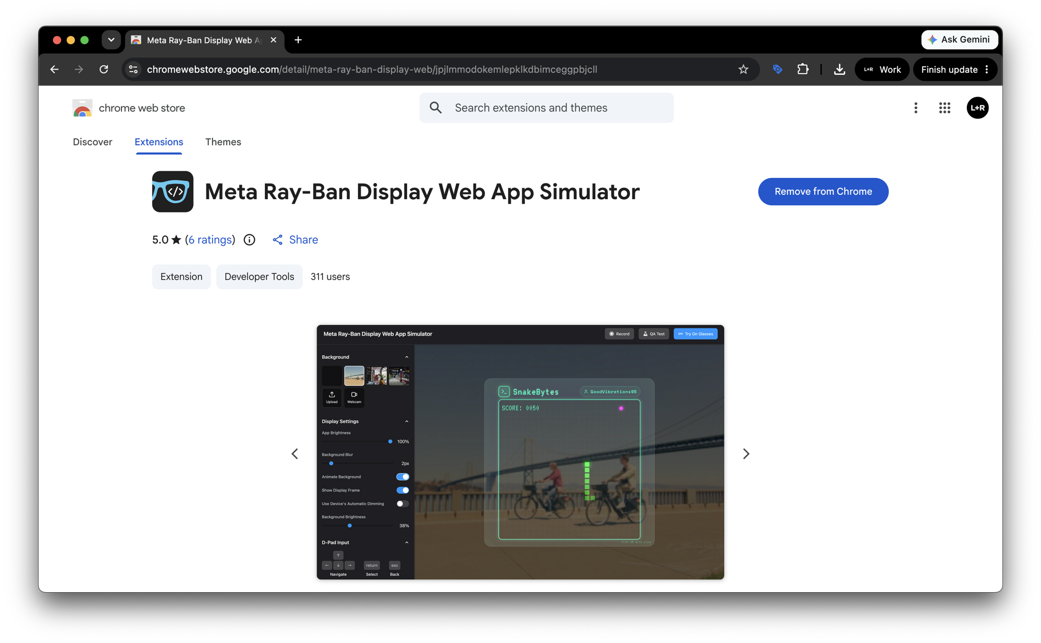 Chrome Web Store page for the Meta Ray-Ban Display Web App Simulator extension.
