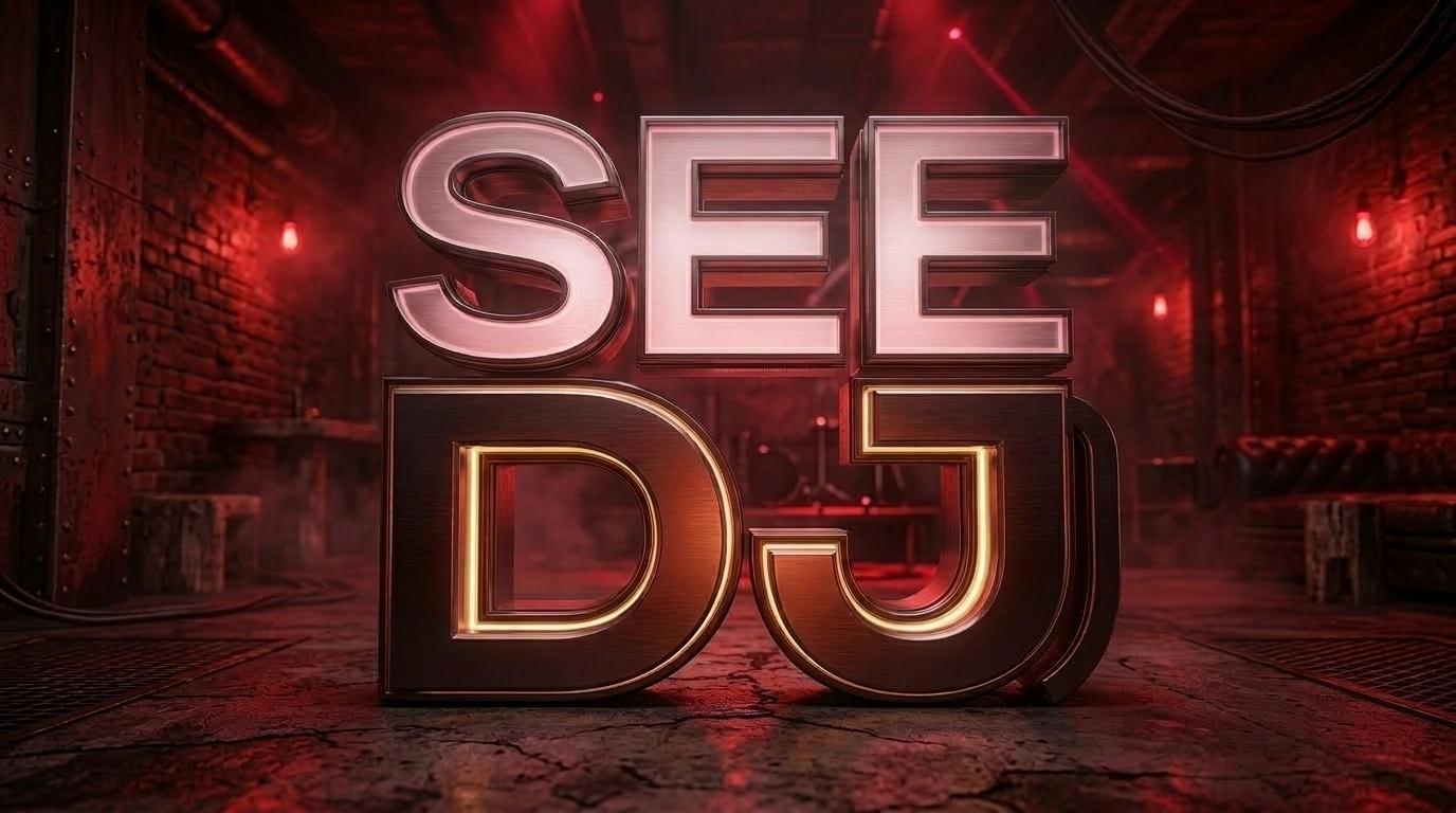 SEE DJ logo glowing on a red-lit stage background
