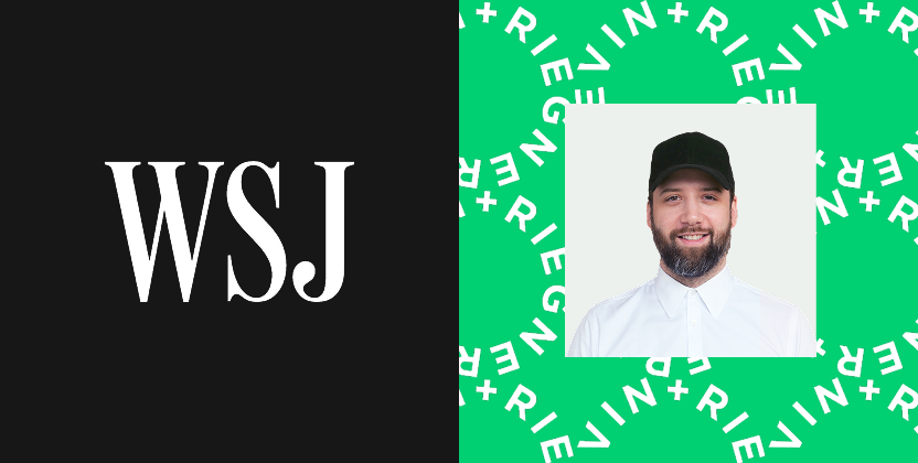 WSJ logo beside a headshot of a man on a green L+R patterned background