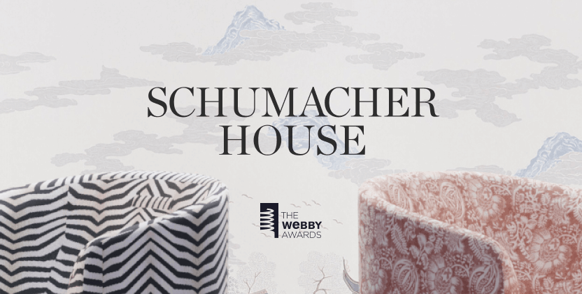 Schumacher House title over wallpaper with two patterned chairs and The Webby Awards logo