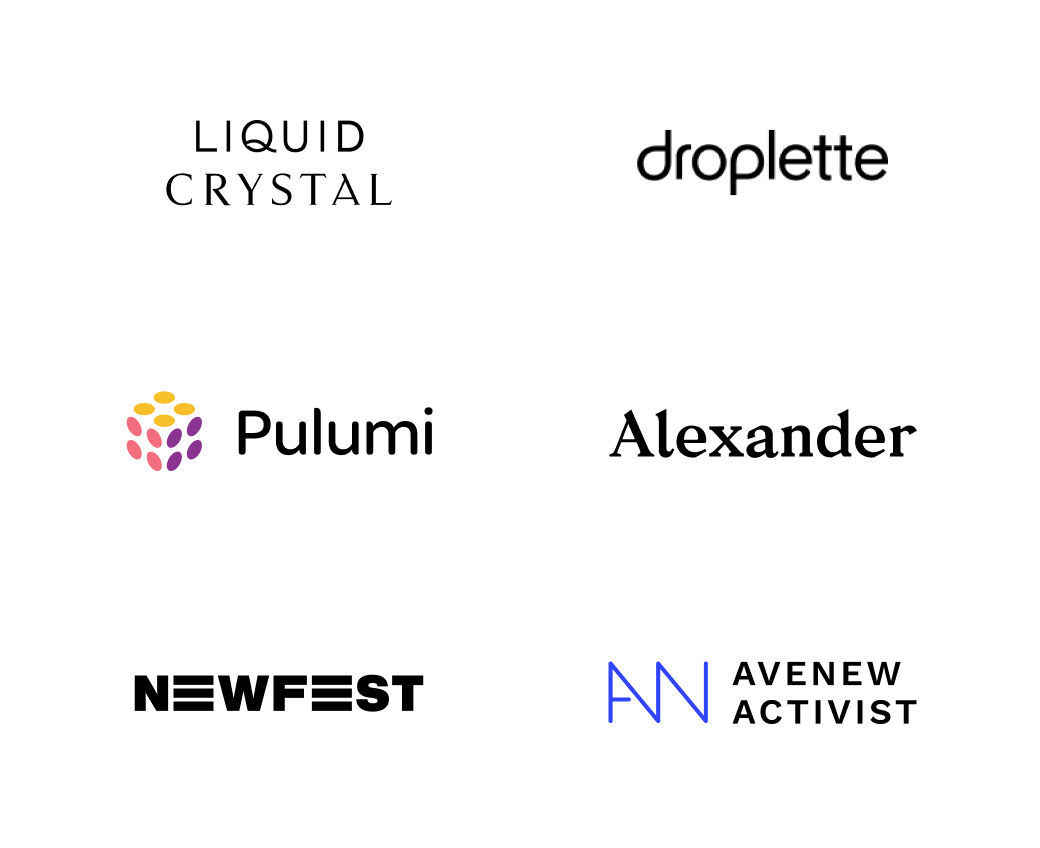 Grid of six brand logos: Liquid Crystal, droplette, Pulumi, Alexander, Newfest, and Avenew Activist