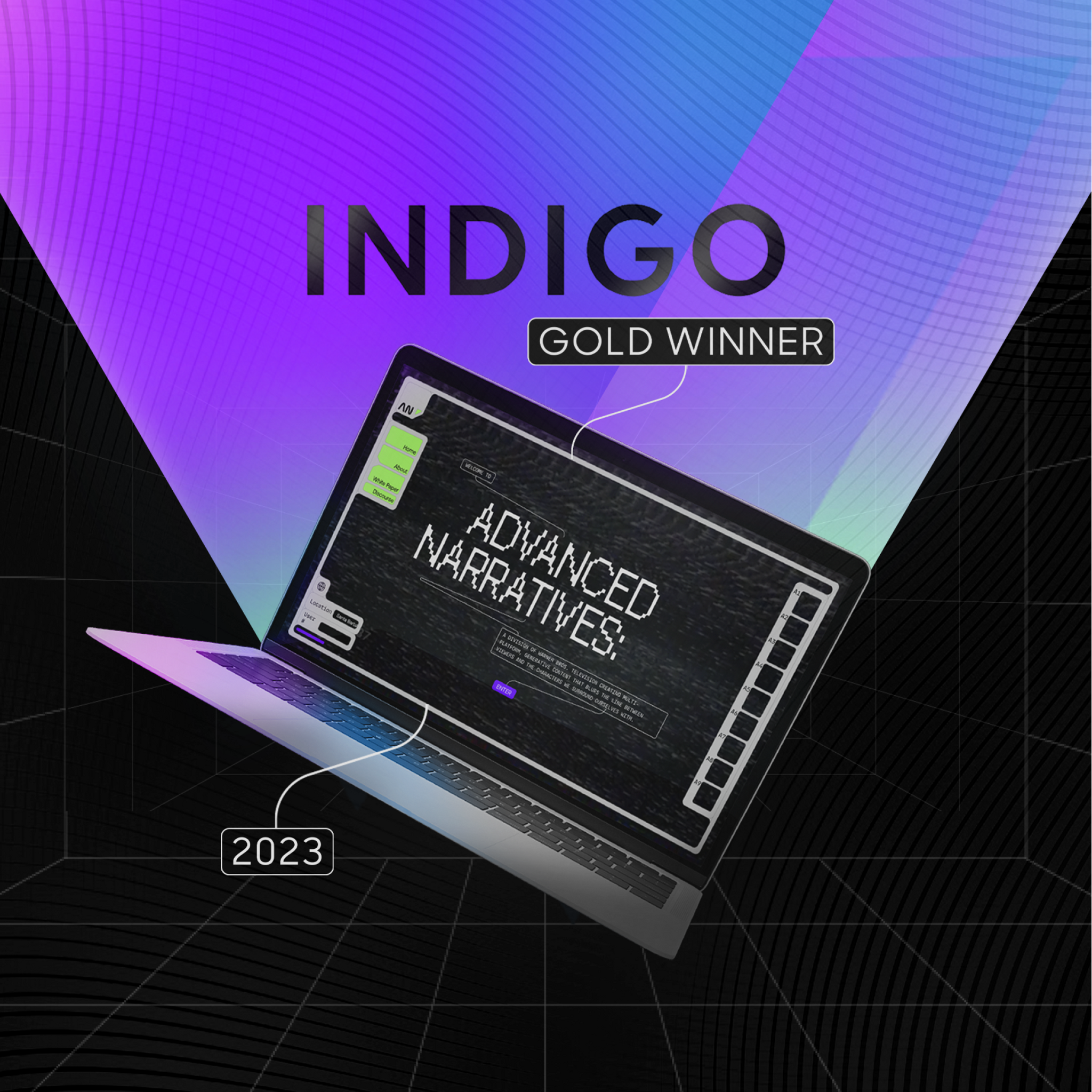 Indigo Gold Winner 2023 graphic with laptop showing Advanced Narratives