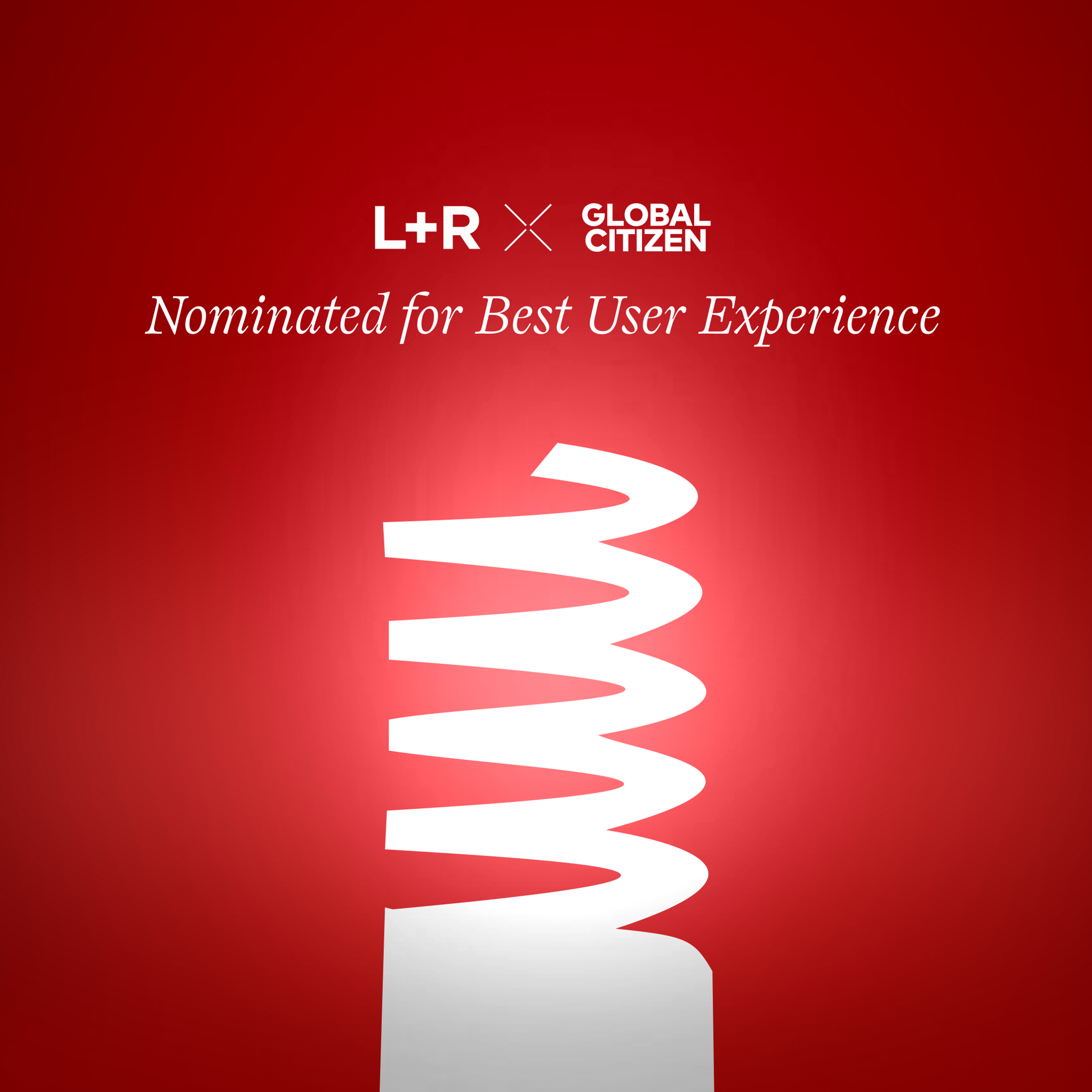 L+R x Global Citizen Best User Experience nomination graphic with white Webby trophy on red