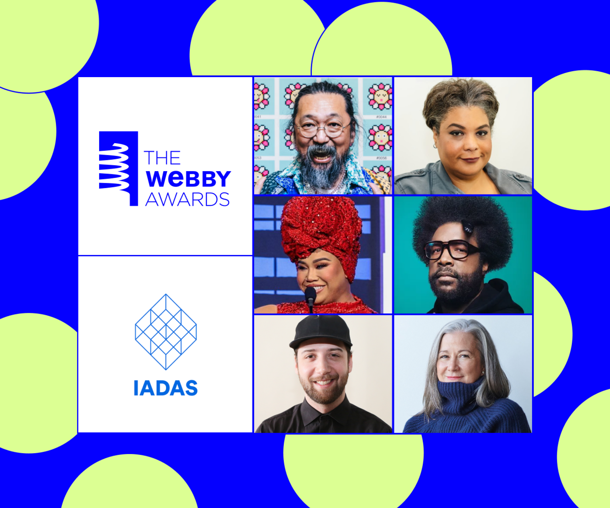 The Webby Awards and IADAS logos beside six speaker portraits on blue and lime pattern