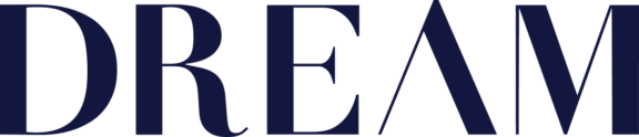 Stylized navy text spelling DREAM on a black background