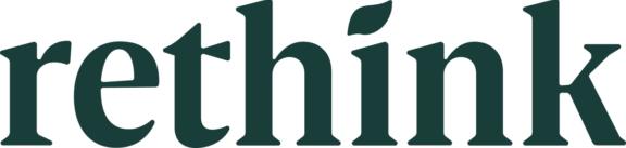 Dark teal "rethink" wordmark on a transparent background