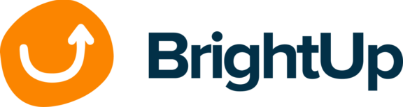 BrightUp logo with orange circular upward arrow icon and dark blue text