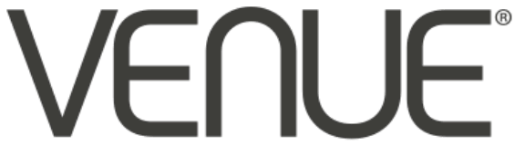 VENUE wordmark in dark gray on green background