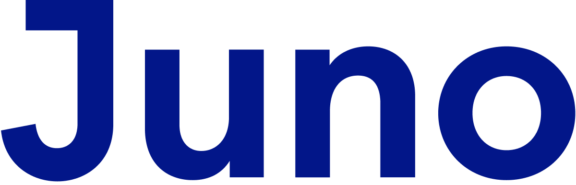 Juno logo in bold blue letters on a black background