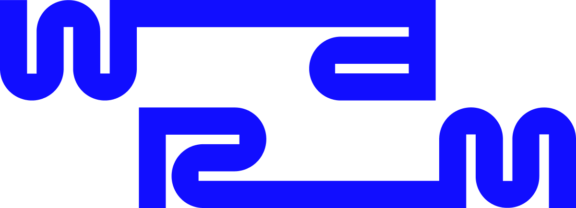 Abstract blue geometric logo on a black background