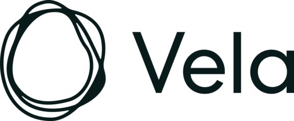 Vela wordmark with dark circular line icon