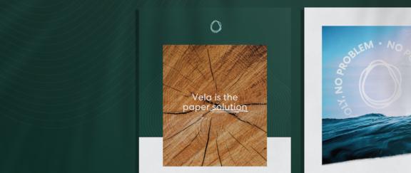 Green paper packaging mockup with wood grain insert reading "Vela is the paper solution"