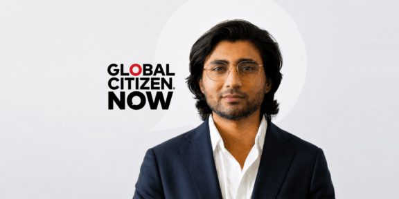 Global Citizen NOW graphic with a portrait of a man in a suit