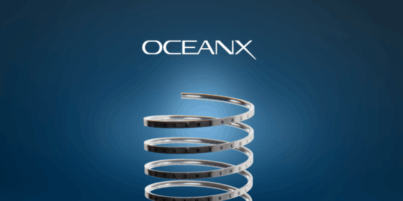 OCEANX logo above a metallic spiral band on a blue gradient background