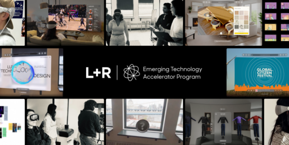 Collage of mixed reality project images with L+R Emerging Technology Accelerator Program logo