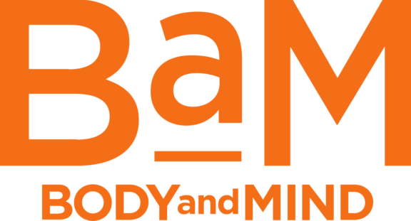 Orange "BaM BODY and MIND" logo on a black background