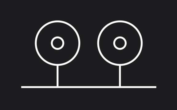 Minimal white line icon of two circular sensors on a dark background