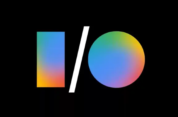 Google I/O logo with gradient rectangle and circle on black