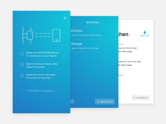Blue app screens showing Watersen device calibration and water usage stats