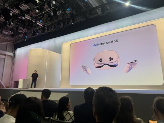 Meta Quest 3S headset and controllers shown on a keynote screen