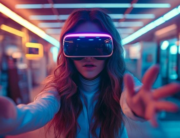 Person wearing a VR headset reaching forward under neon lights