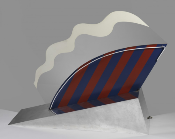Architectural model with curved striped panel and wavy white canopy