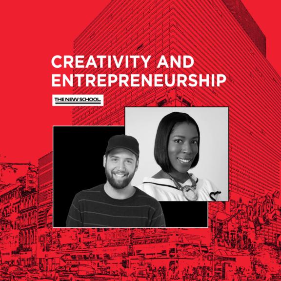 Creativity and Entrepreneurship graphic with two black-and-white portrait cutouts