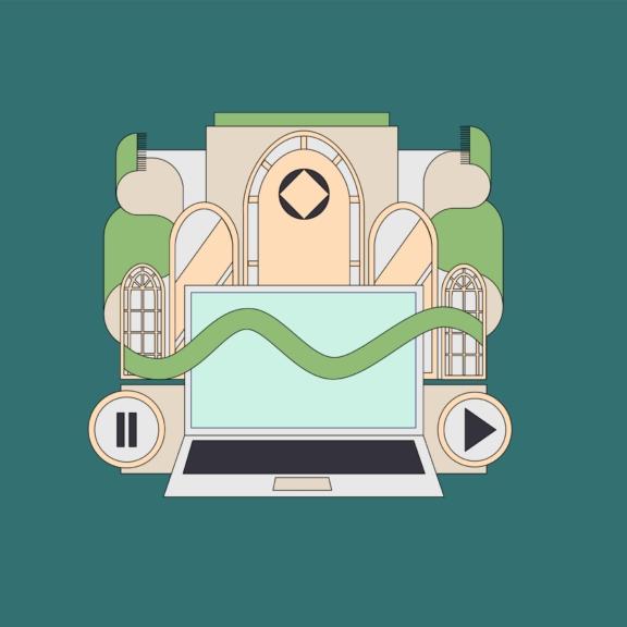 Stylized laptop framed by art deco architecture with pause and play buttons
