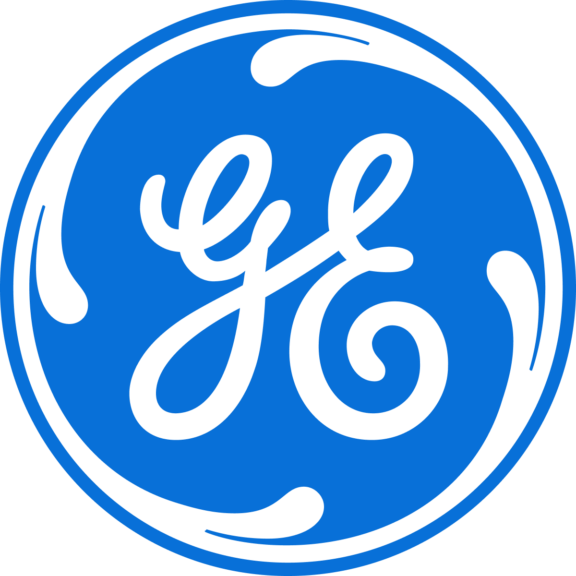 Blue General Electric logo with stylized GE letters inside a circle