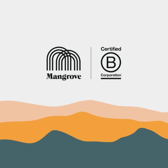 Mangrove and Certified B Corporation logos above abstract layered landscape shapes