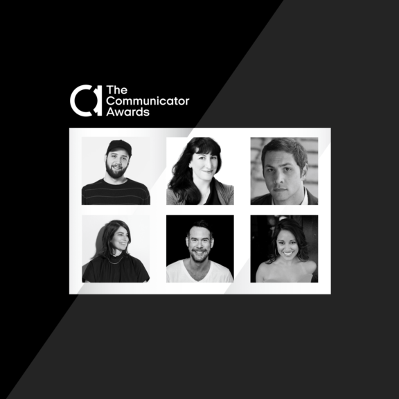 The Communicator Awards graphic with six black-and-white headshots