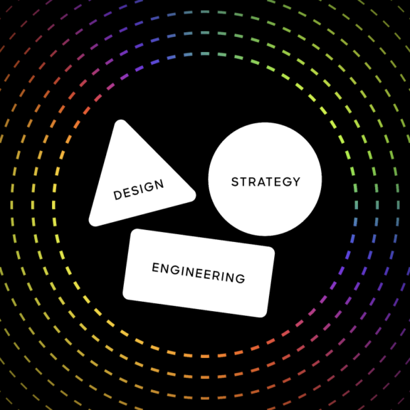 Design, strategy, and engineering shapes inside colorful concentric dashed circles on black background