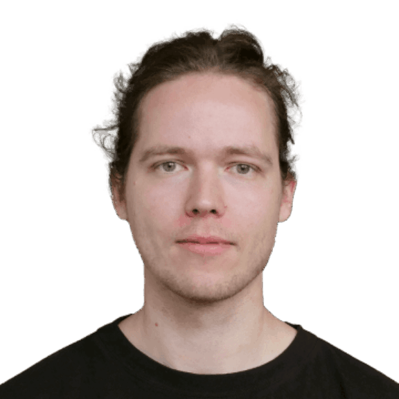 Head-and-shoulders portrait of a young man in a black shirt on a green background